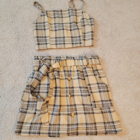 NWT Zaful Tan Plaid 2 Piece Skirt Set L - Picture 4 of 13